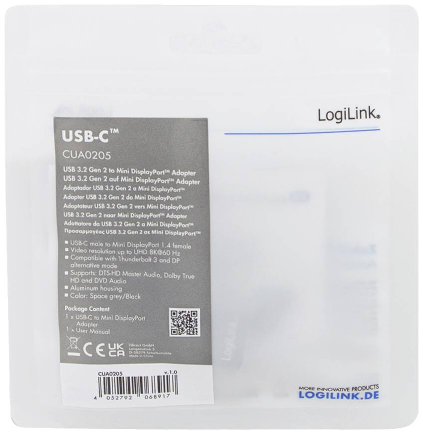 Confezione dell'adattatore USB-C di LogiLink con numero modello CUA020S. Specifiche e informazioni sui dispositivi compatibili sono stampate sulla confezione.