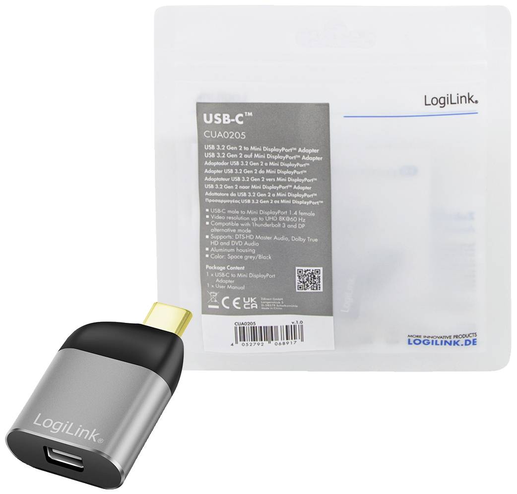 Adattatore da USB-C a Mini-DisplayPort di LogiLink in confezione grigia. Adattatore visibile dall'esterno, confezione che mostra i dettagli del prodotto sul retro.
