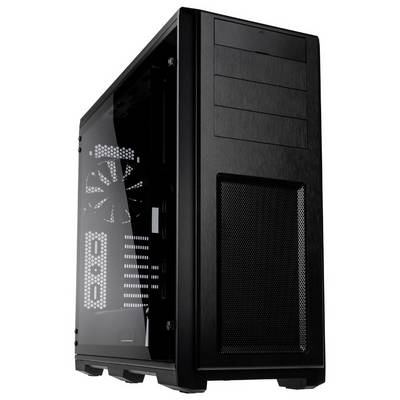 Case per computer nero con finestra laterale trasparente, mostrato in un leggero angolo. Presenta aperture per ventole e diversi alloggiamenti per unità.