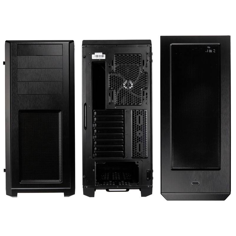 Tre vedute di un case nero per computer: lato frontale con zona di ventilazione, lato posteriore con ventola e slot aperti, lato sinistro con piastra metallica chiusa.