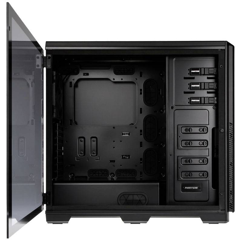 Case per computer aperto con pannello laterale trasparente, guide di montaggio interne e gestione dei cavi.