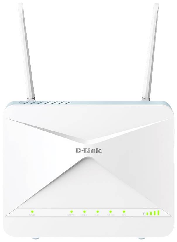 Un router Wi-Fi bianco con due antenne e cinque indicatori LED verdi sul lato frontale.