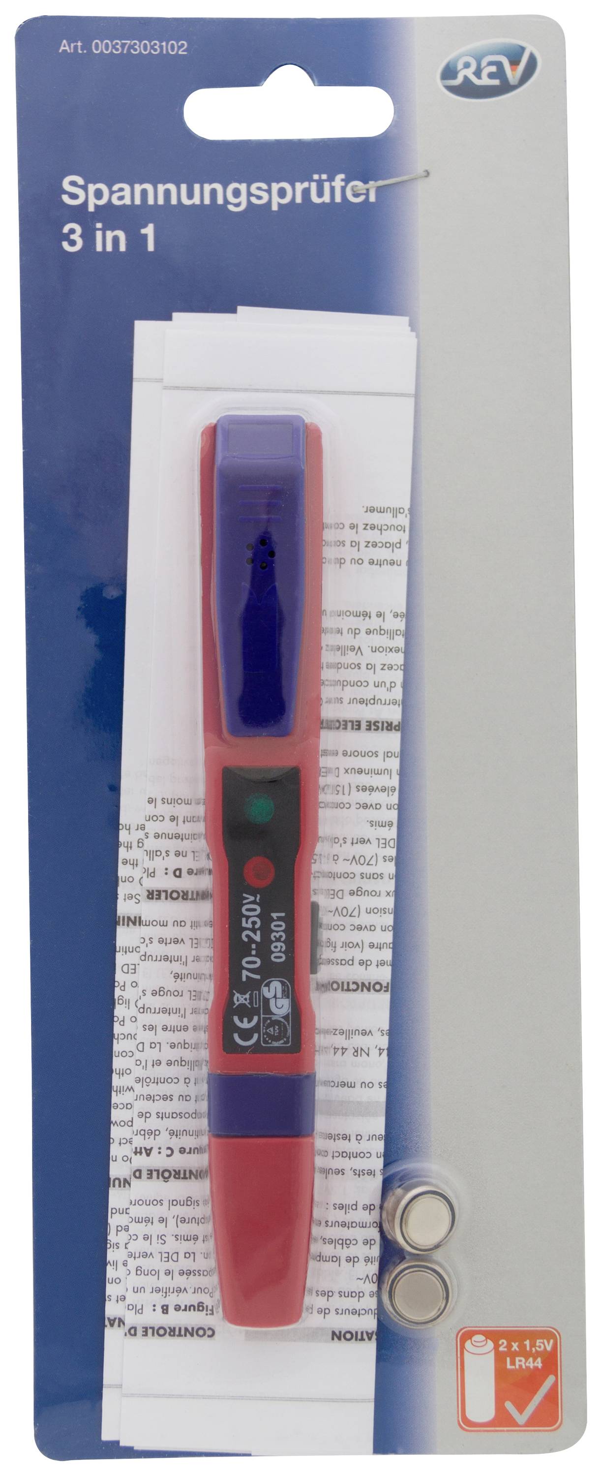 'Tester di tensione 3 in 1' su una confezione. Dispositivo rosso con copertura blu, incluse 2 batterie, raffigurato su cartone blu.