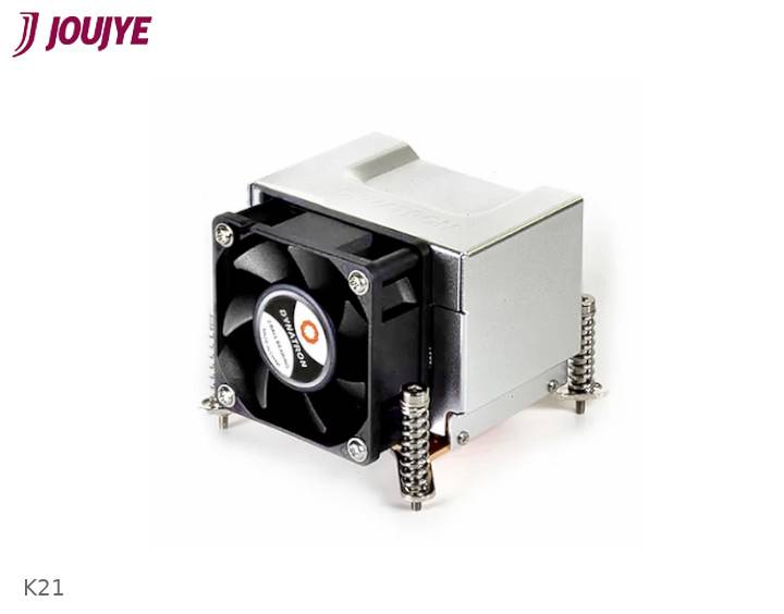 Ventilatore in custodia metallica, utilizzato per il raffreddamento in dispositivi elettronici. Nome del marchio 'JOUJYE', modello 'K21'.