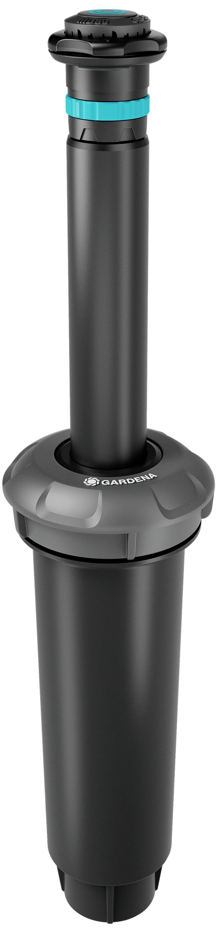 Testina dello sprinkler in nero con dettagli grigi e blu. Regolabile, adatta per sistemi di irrigazione da giardino.