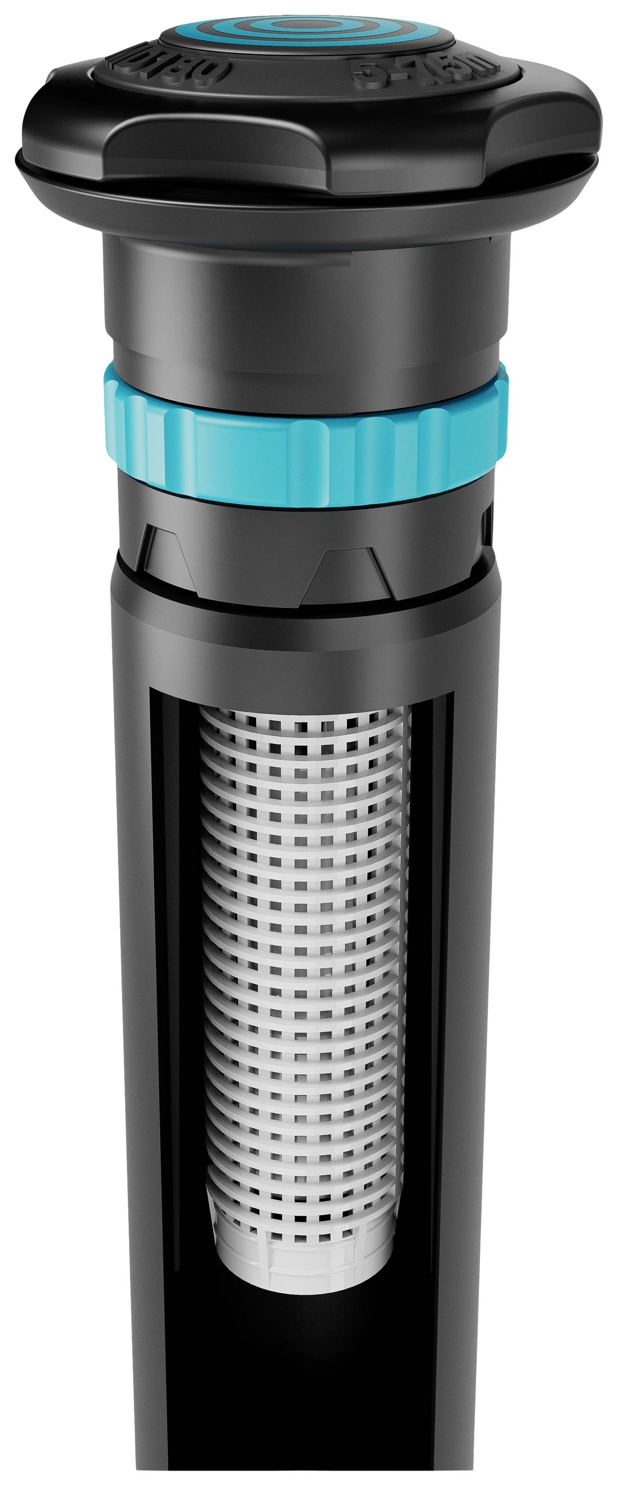 Un componente nero per sistemi di irrigazione con anello blu e setaccio filtrante visibile all'interno, adatto per l'irrigazione dei giardini.