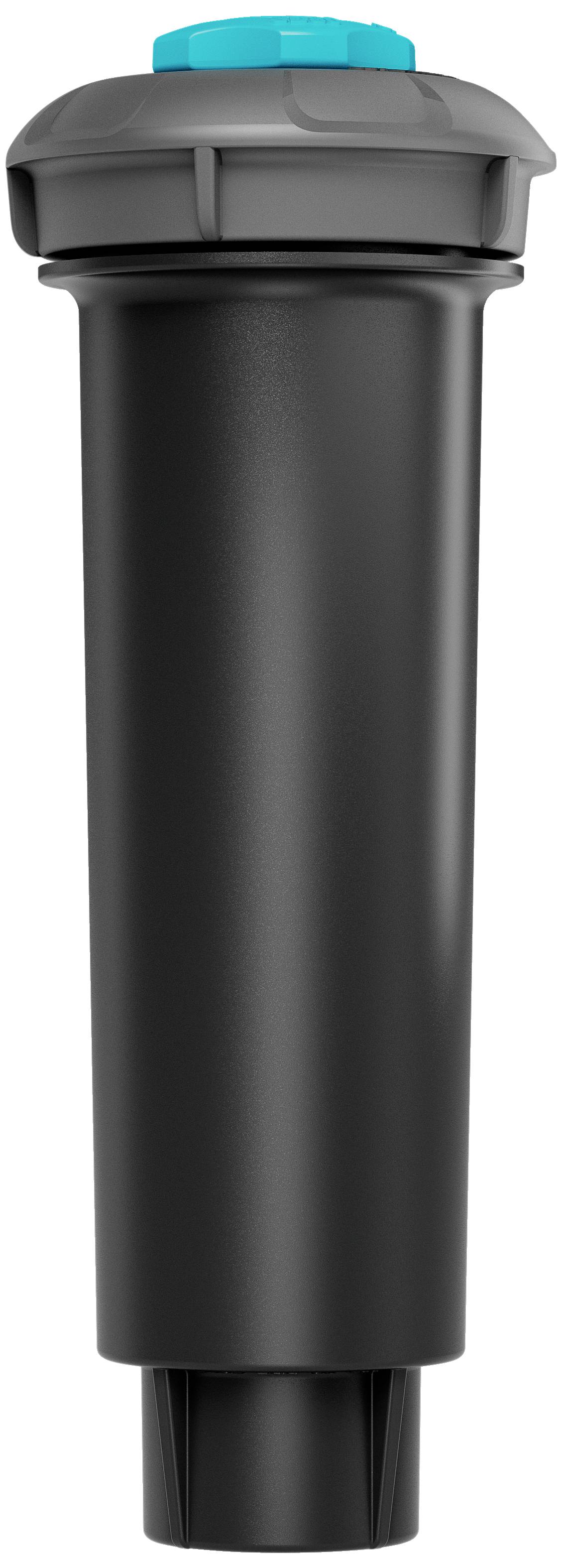 Cilindro nero in plastica con coperchio grigio e blu, probabilmente una testina di un irrigatore.