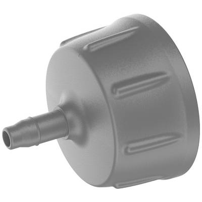 Un tappo in plastica grigio e scanalato con un piccolo raccordo, utilizzato per chiusure sicure e a tenuta di contenitori.