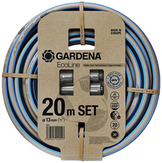 Set di tubo da giardino Gardena da 20 metri di lunghezza e 13 mm di diametro, realizzato in modo ecologico con plastica riciclata.