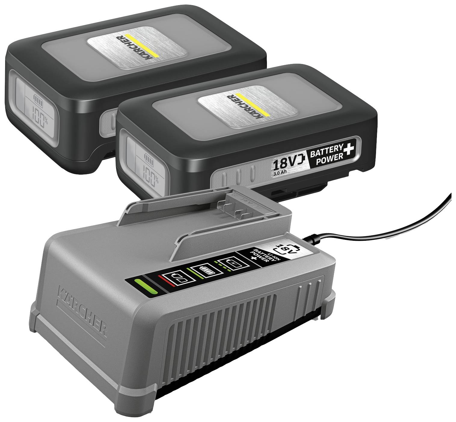 Due batterie da 18V e un caricabatterie compatibile del marchio Kärcher. Le batterie sono impilabili. Il caricabatterie indica lo stato di carica della batteria.