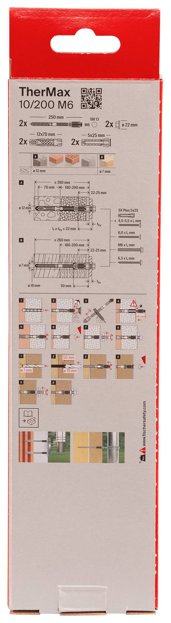 Packaging di TherMax 10/200 M6 con diagrammi per l'applicazione e il montaggio degli elementi di fissaggio. In alto è visibile un codice QR.