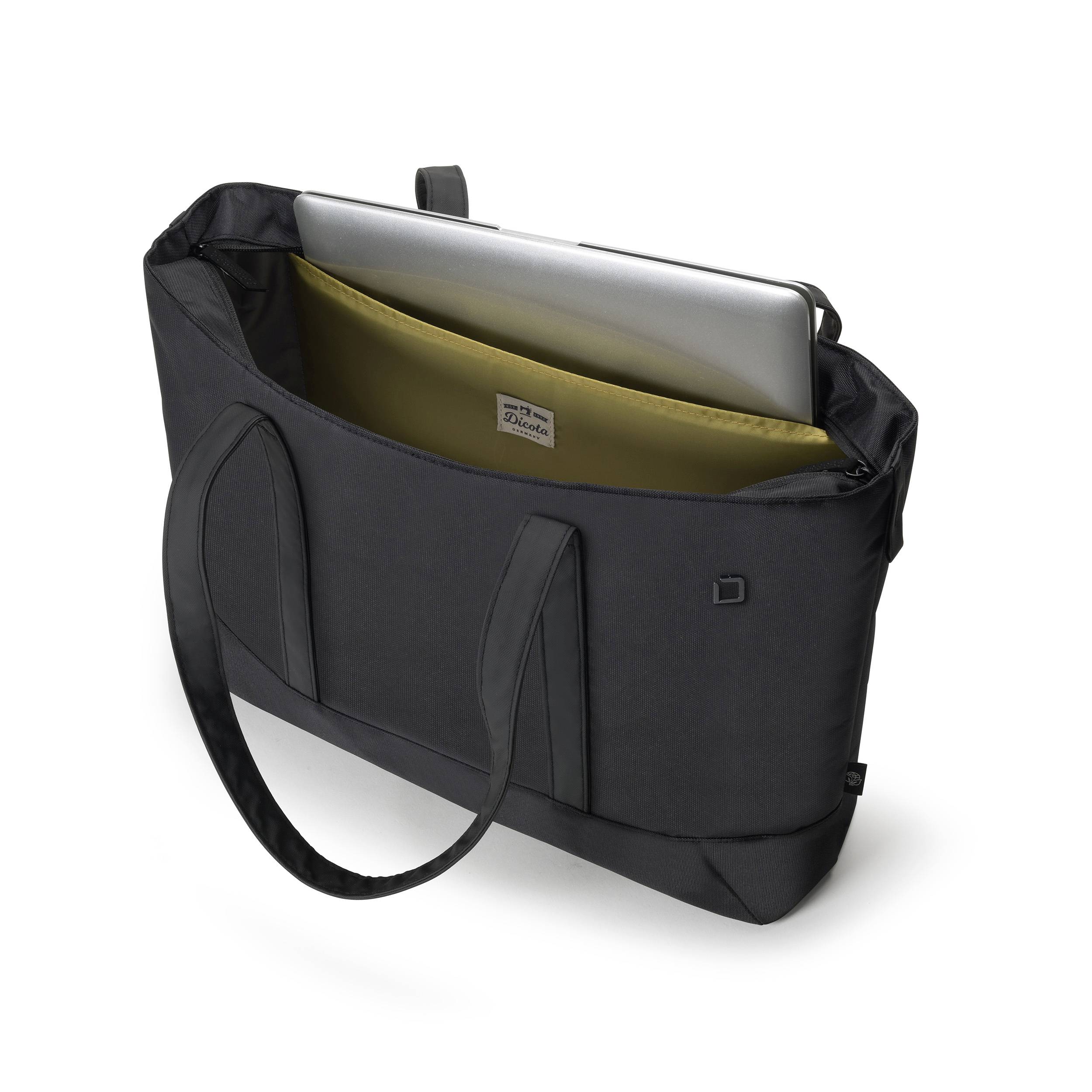 Una borsa nera per laptop con un laptop inserito nel comparto principale. La borsa ha due manici ed è aperta.