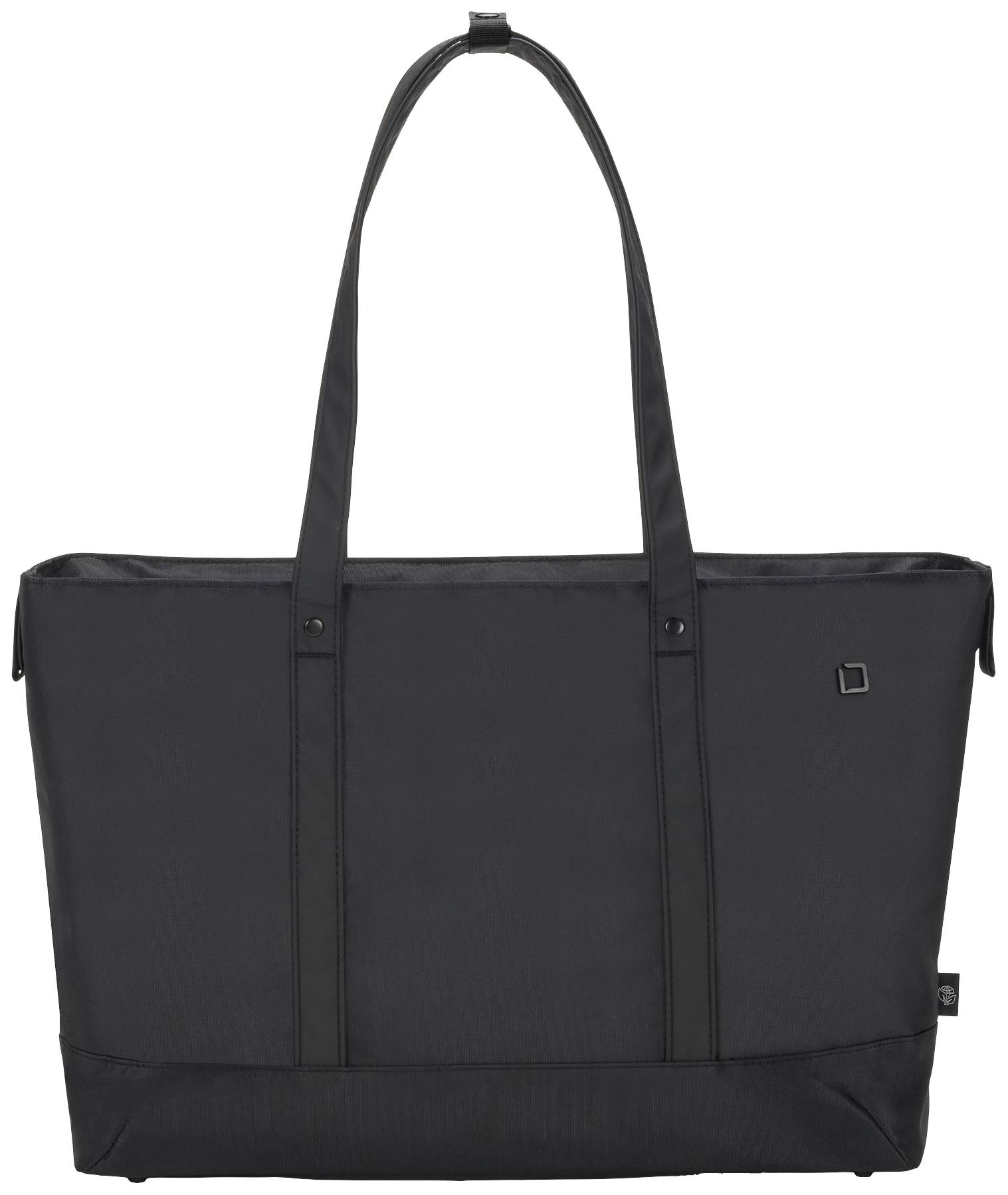 Una grande borsa nera con due manici lunghi e una piccola applicazione quadrata sul davanti.
