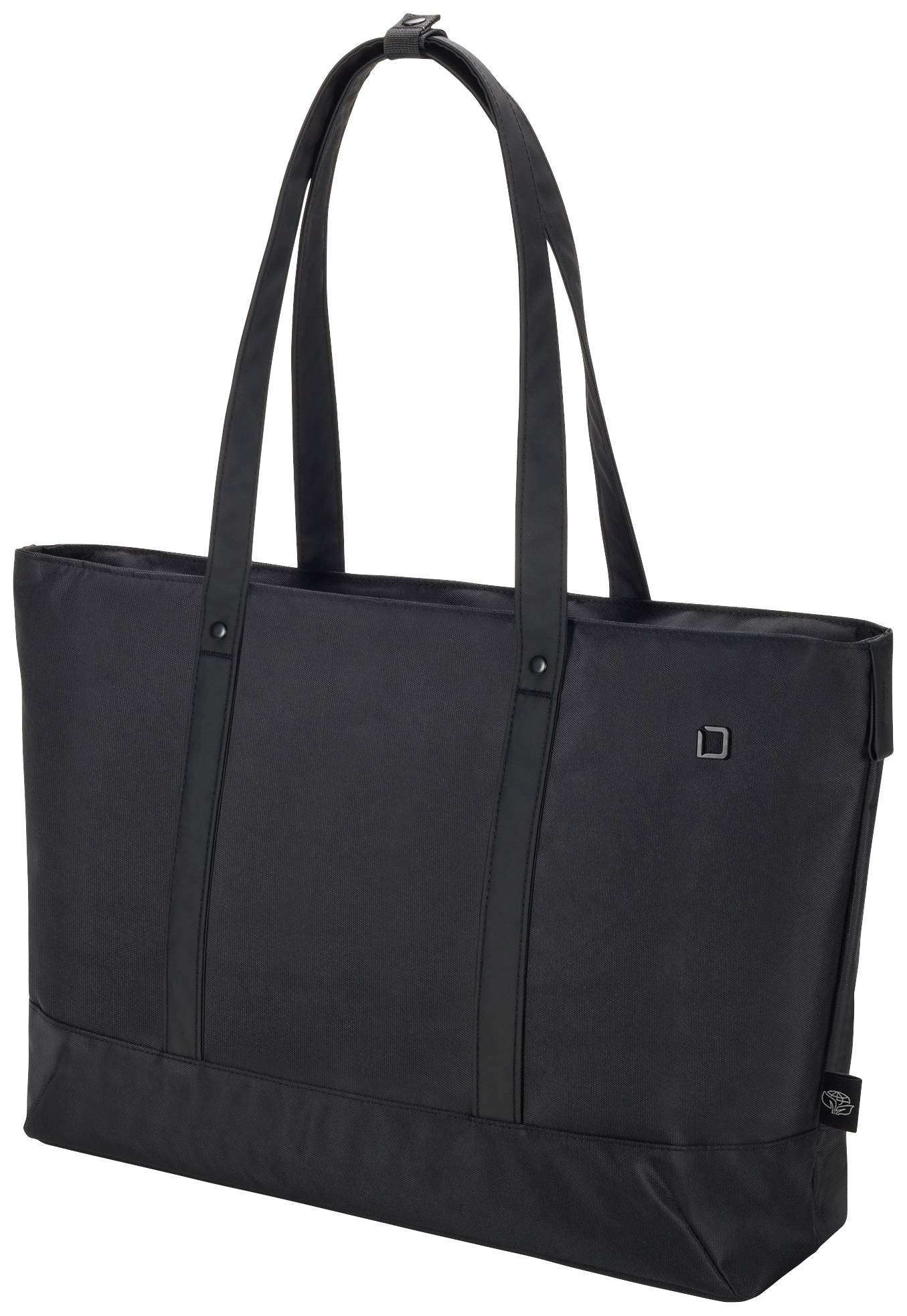 Una borsa elegante, nera, con manici lunghi, adatta per uso quotidiano o professionale.