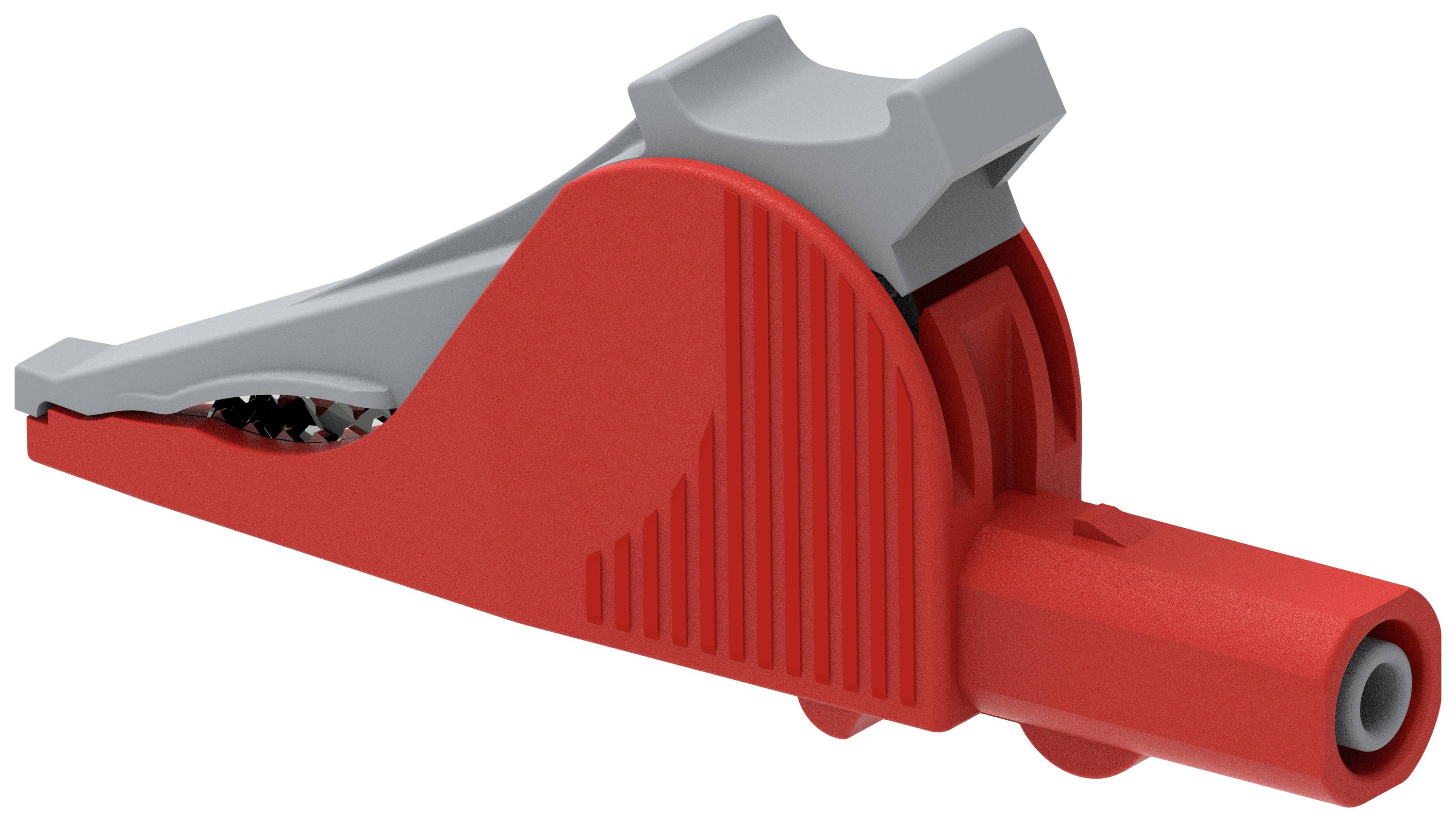 Pinza a coccodrillo rossa con accenti grigi, raffigurata lateralmente. Utilizzata per connessioni elettriche sicure.