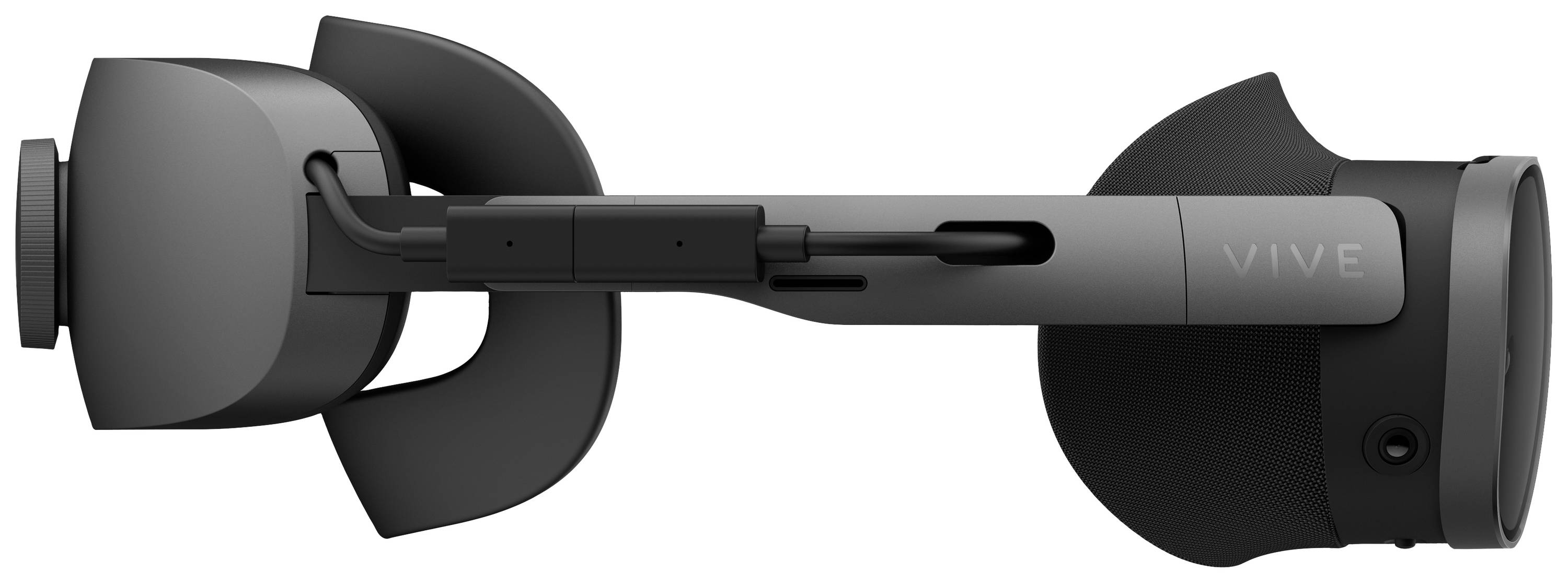 Occhiali per realtà virtuale neri visti di lato, mostrano la fascia regolabile e la scritta 'VIVE', adatti per esperienze immersive.