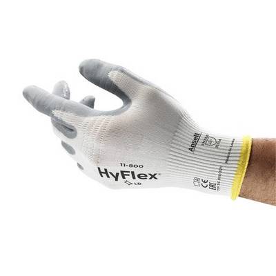 Guanto protettivo con punte delle dita grigie, dorso della mano bianco, con scritta 'HyFlex 11-800'. Il guanto è indossato su una mano.