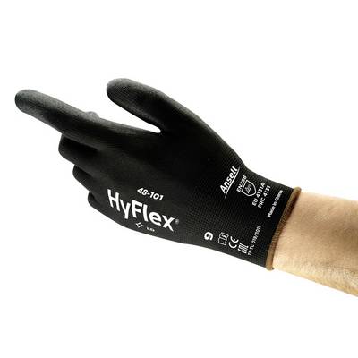 Guanto di sicurezza in materiale nero, contrassegnato con "HyFlex 48-101", indossato su una mano, offre protezione e presa salda.