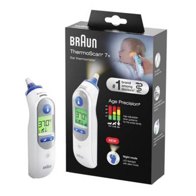'Termometro auricolare Braun ThermoScan 7+ con confezione. Il display mostra 37,0°C. Raccomandato per tutte le fasce d'età con Age Precision.'