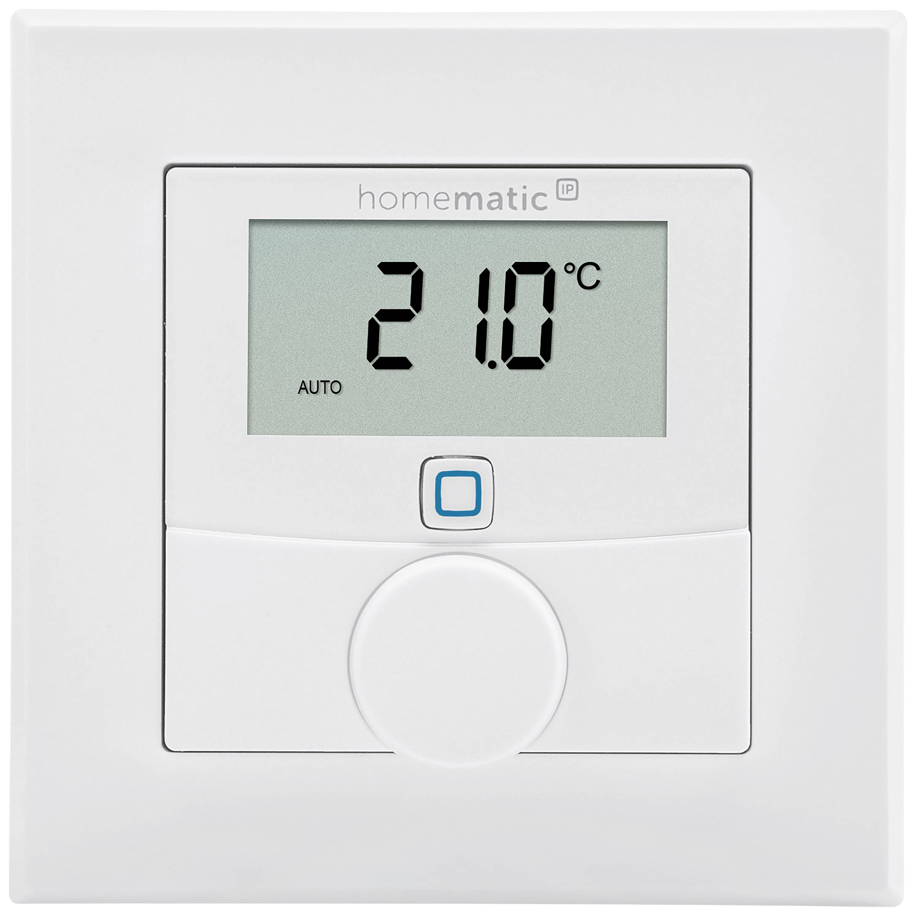 Display del termostato mostra '21,0 °C'. Indicatore temperatura ambiente con tasto blu centrale e manopola sottostante.