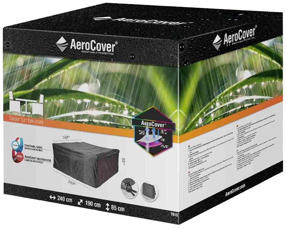 Confezione di cartone con la scritta 'AeroCover'. Raffigurata: Copertura protettiva per mobili da giardino, impermeabile e traspirante. Dimensioni 240 x 190 x 85 cm.