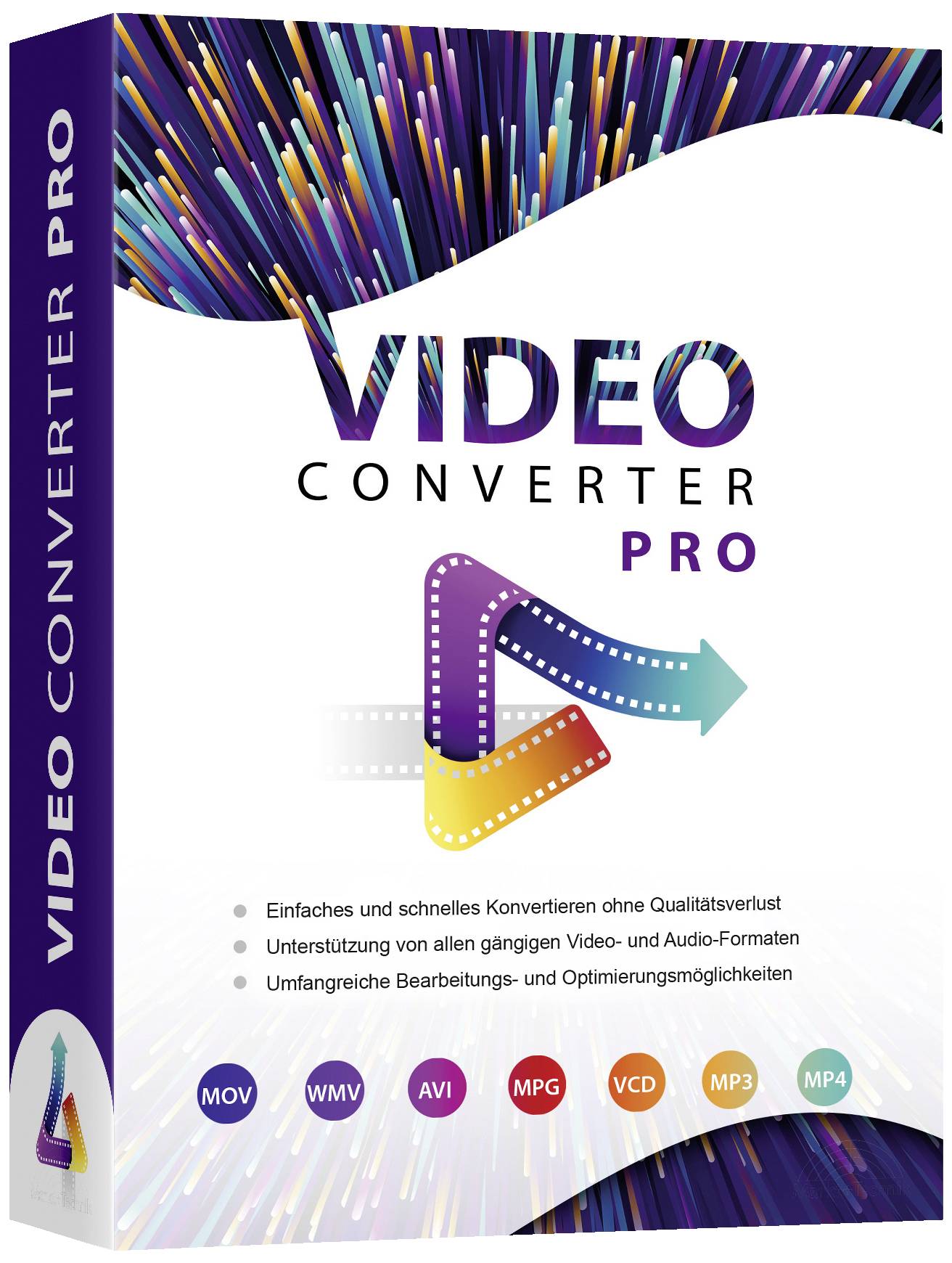 "Video Converter Pro" presenta una confezione con un logo colorato e elenca formati come MOV, WMV, AVI, MPG, VCD, MP3, MP4.