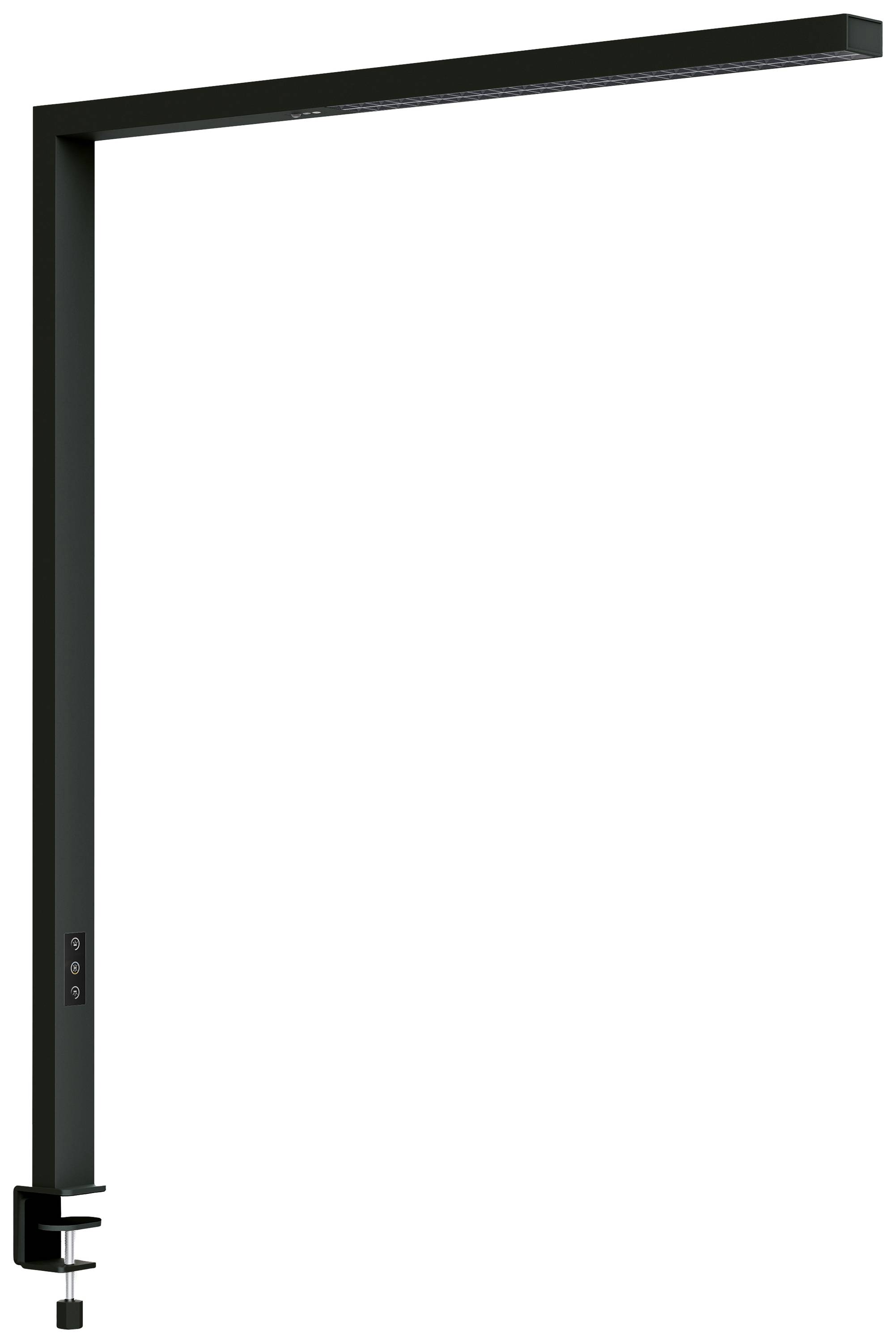 Lampada da tavolo nera dal design sottile e moderno. A forma di L con fissaggio a morsetto, ideale per un'illuminazione compatta e funzionale sulle scrivanie.