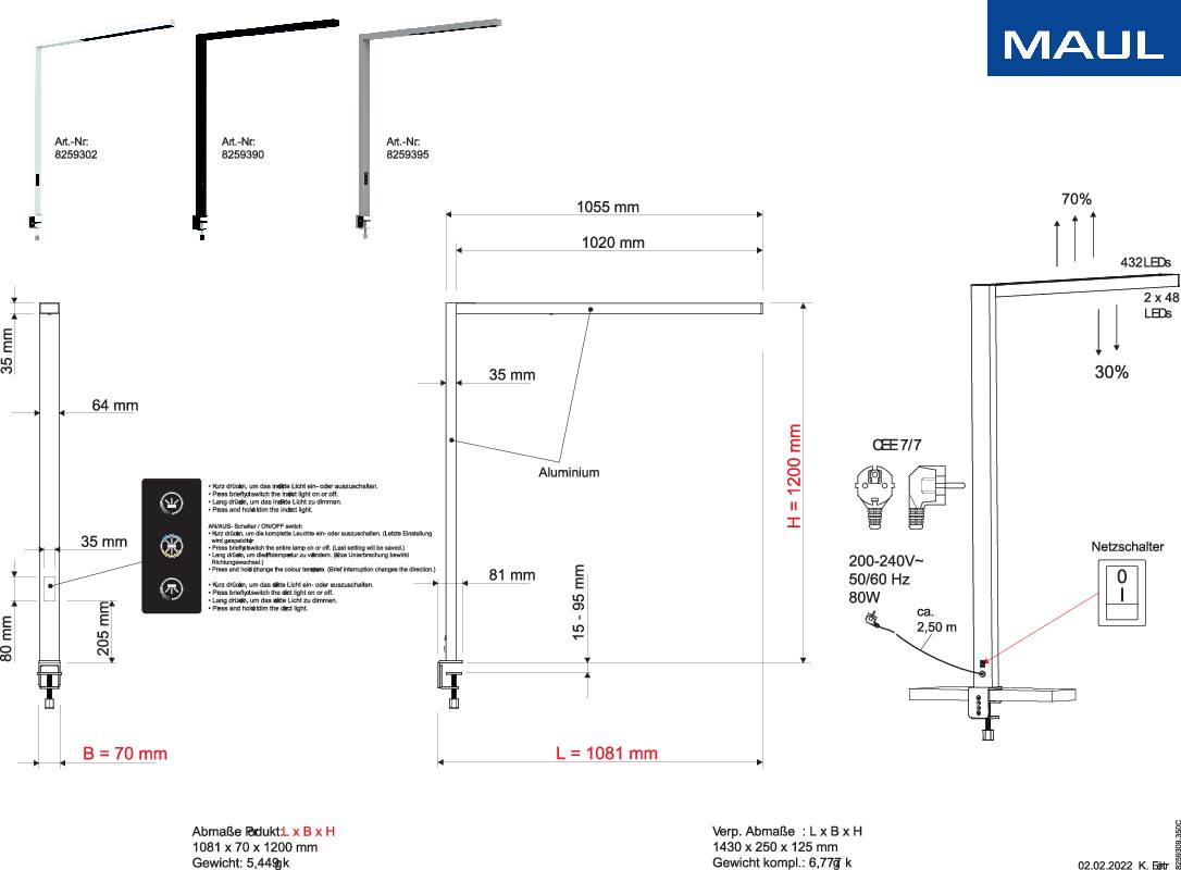 Disegno tecnico di un supporto a morsetto per illuminazione. Mostra le dimensioni, come l'altezza di 1299 mm, lo sbalzo di 1061 mm, e i dettagli costruttivi.