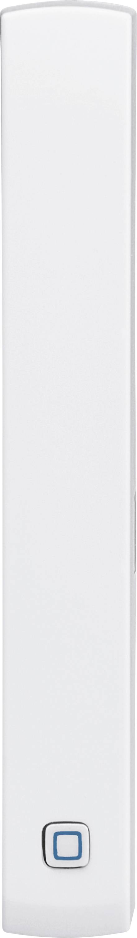 Dispositivo elettronico bianco e snello di forma rettangolare o torre su uno sfondo semplice, con un singolo pulsante quadrato illuminato di blu vicino al fondo.