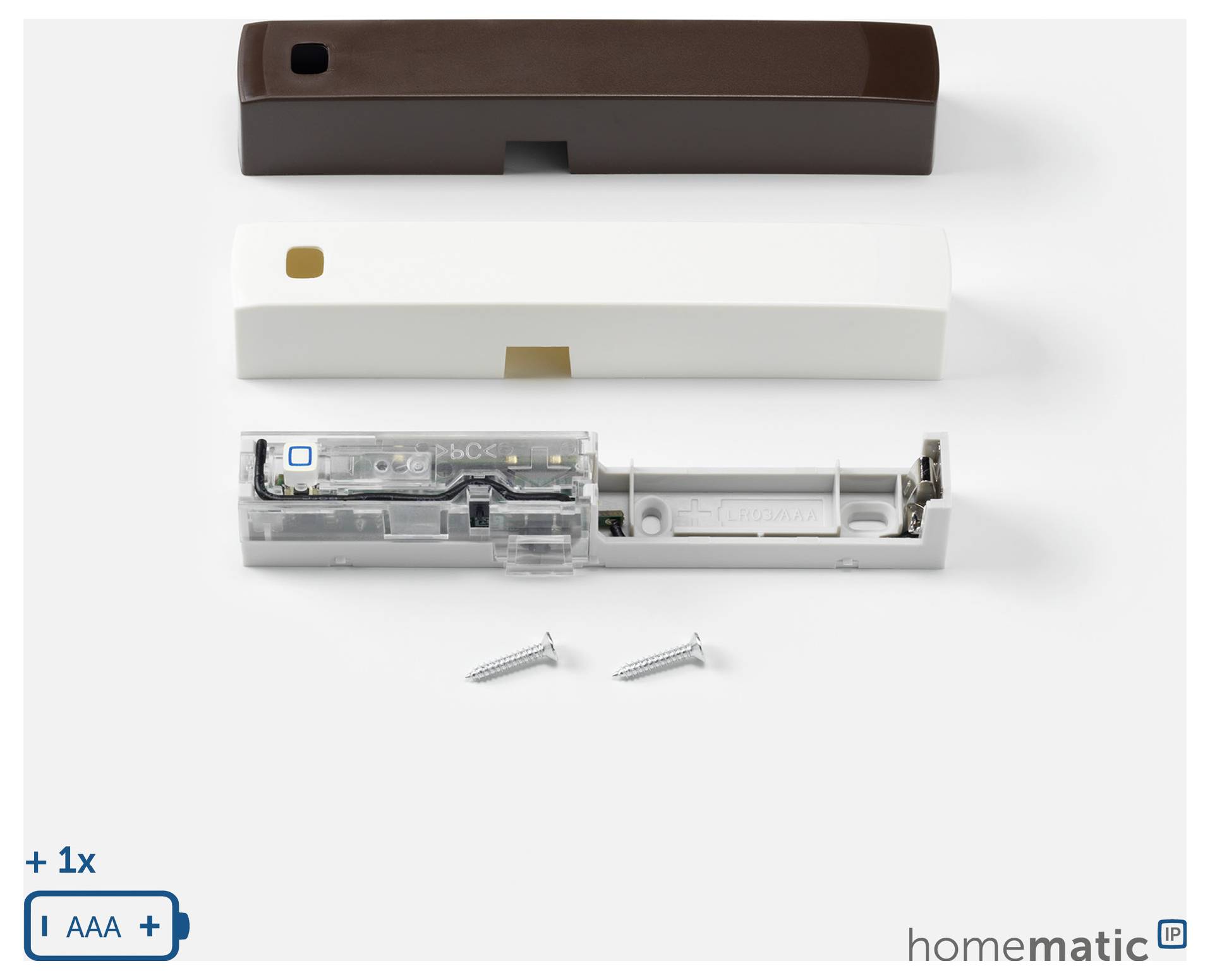 Vista esplosa di un sensore wireless per porta/finestra Homematick con custodie marrone e bianca, modulo interno e due viti di montaggio.