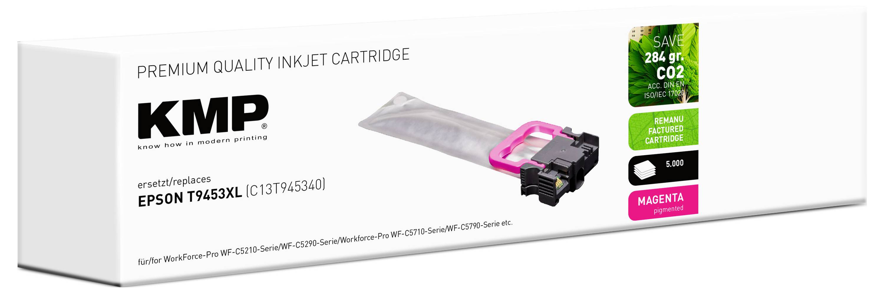 Cartuccia d'inchiostro etichettata 'KMP Premium Quality Inkjet Cartridge'. Compatibile con 'Epson T9453XL'. Enfatizza 'Risparmio 284g CO2'. Colore magenta.