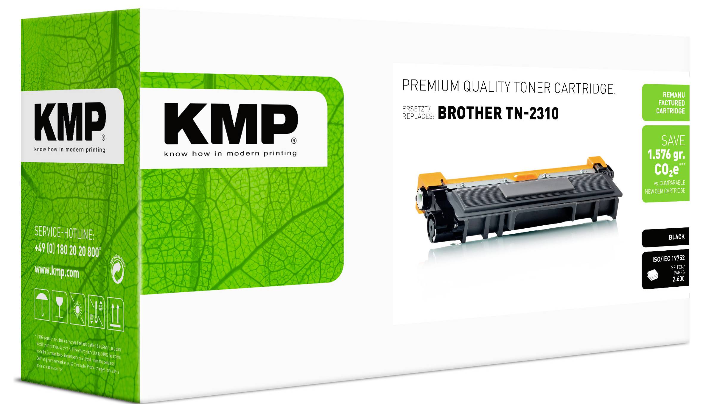 Imballaggio in scatola per cartuccia di toner di qualità premium KMP, etichettato 'Brother TN-2310', con immagine della cartuccia di toner e badge 'Risparmia 1.75gr. CO2'.