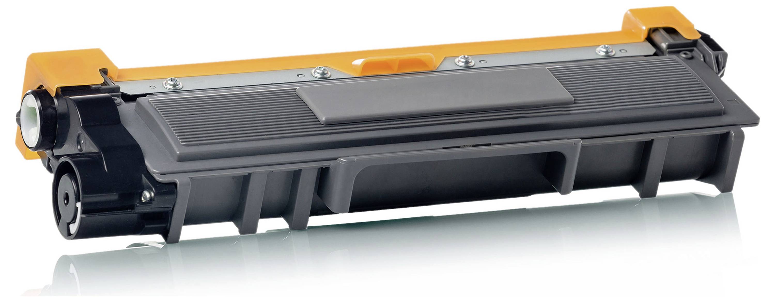 Cartuccia di toner nero con cappucci in plastica arancione, mostrata su uno sfondo bianco.