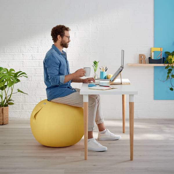 Un uomo lavora a una scrivania, seduto su un pallone da ginnastica giallo, circondato da piante da ufficio e decorazioni moderne.