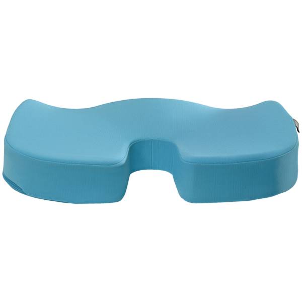 Un cuscino ergonomico blu a forma di U che offre comfort e supporto durante la seduta.