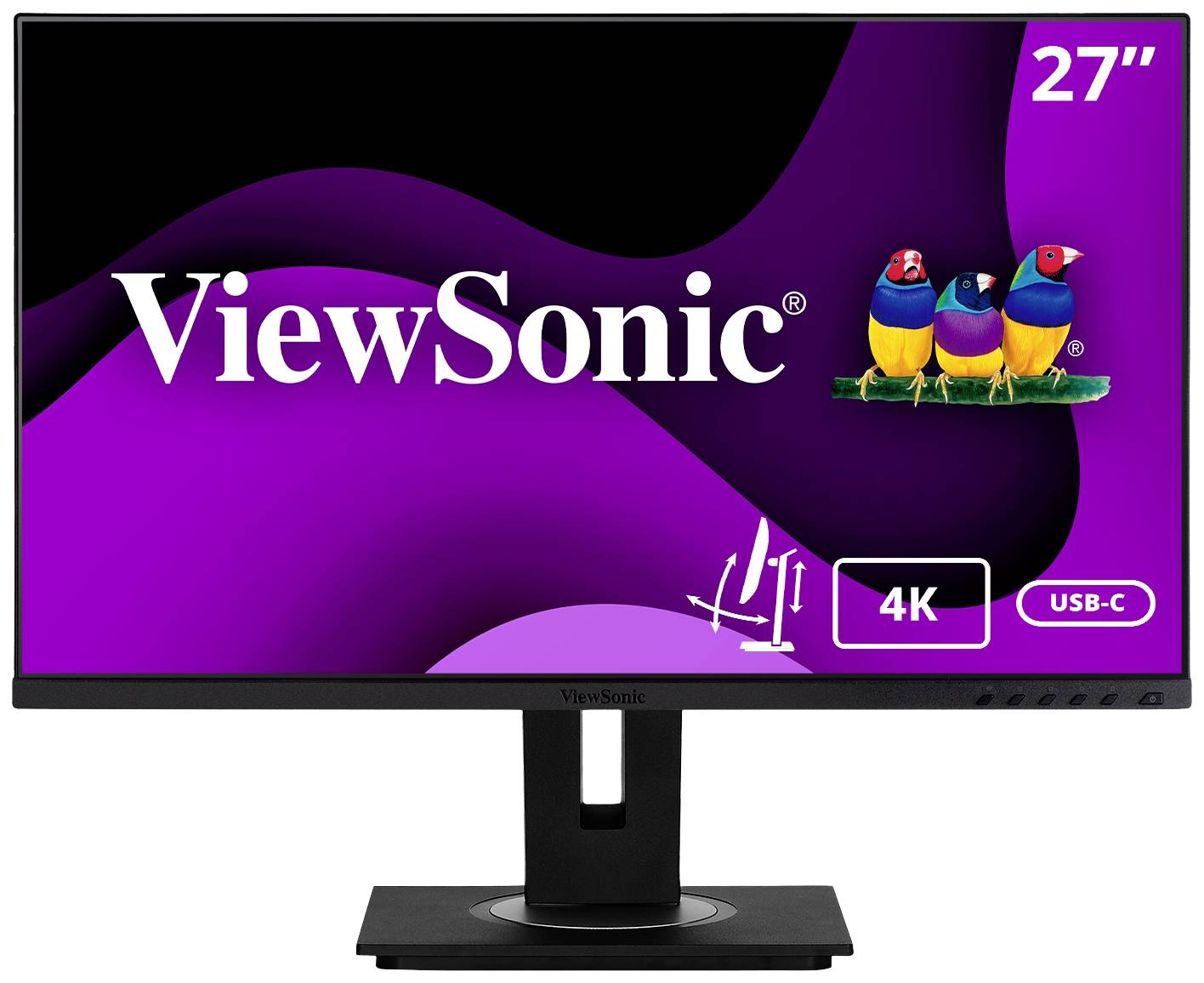 Monitor Viewsonic da 27", sfondo viola, mostra risoluzione 4K, porta USB-C, regolazione simmetrica del supporto, tre uccelli colorati in alto a destra.