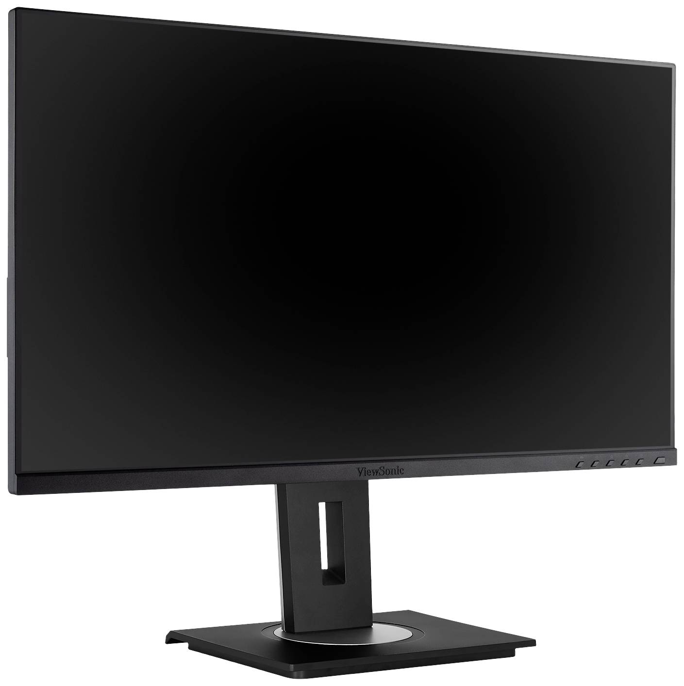 Monitor nero per computer con schermo piatto e cornice sottile su base rettangolare, spento.