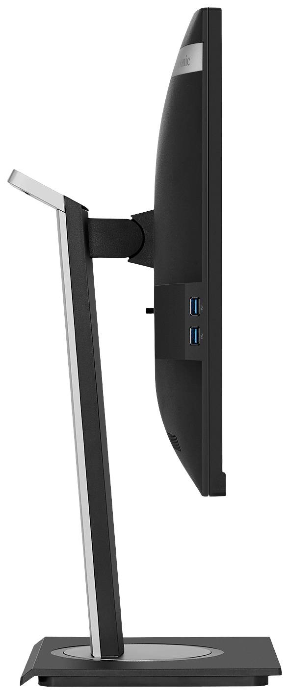 Un monitor di computer moderno con profilo laterale su un supporto regolabile, mostra le porte USB sul retro.