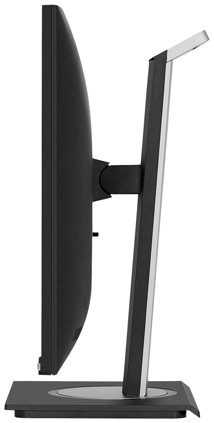 Un monitor per computer visto di profilo mostra un design sottile e moderno con una base robusta.