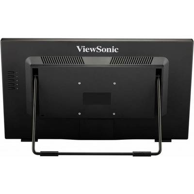 Il monitor visto da dietro mostra il supporto e il retro con le fessure di ventilazione. Il nome del marchio 'ViewSonic' è visibile.