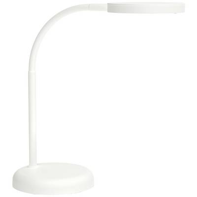 Lampada da tavolo bianca e moderna con collo flessibile e paralume piatto e rotondo. Ideale per scrivanie o comodini.