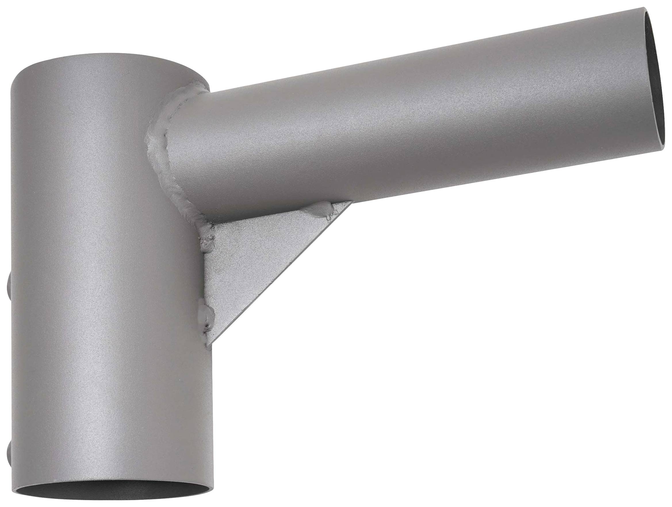 Elemento di connessione metallico a forma di tubo con una struttura a T, composto da un tubo verticale e un tubo orizzontale.