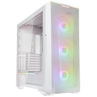 Un case per computer bianco con ventole illuminate nei colori dell'arcobaleno, progettato per costruzioni PC moderne e raffreddamento ottimale.