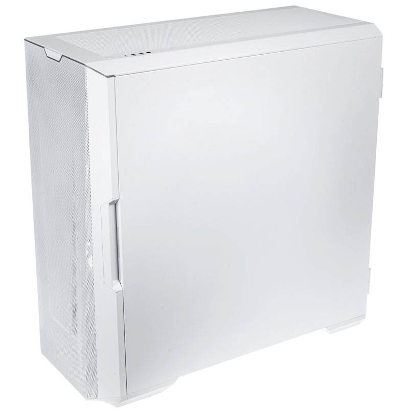 Un case per computer bianco con linee nitide e design essenziale, privo di loghi visibili.