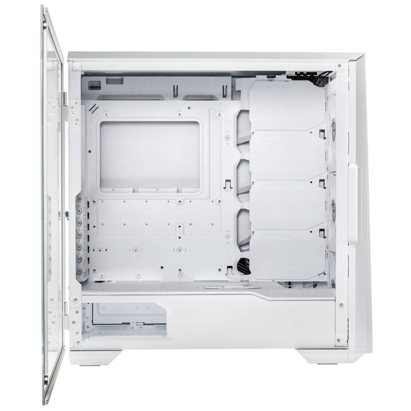 Un case per PC in metallo bianco con pannello laterale in vetro, offre molto spazio per componenti, gestione dei cavi e ventole.