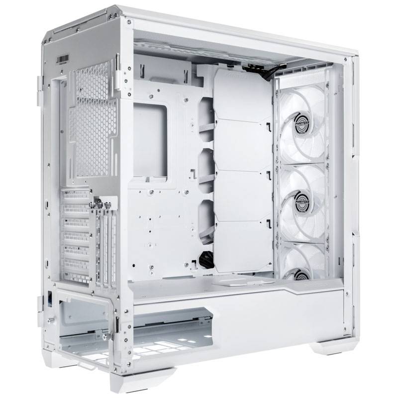 Un case per computer bianco con il pannello laterale aperto. Sono visibili supporti per componenti e tre ventole integrate.