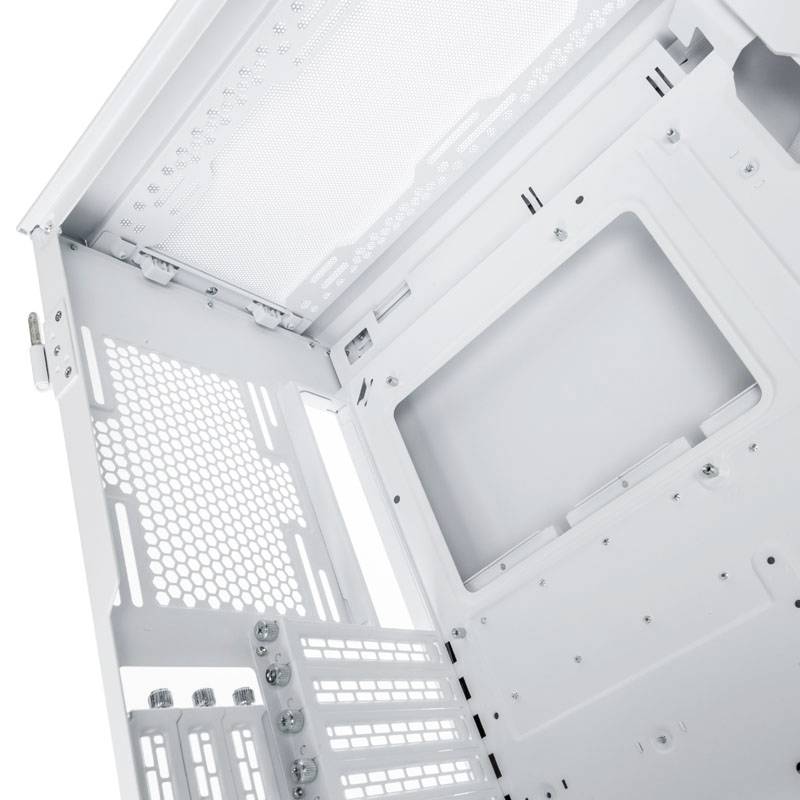 Custodia per computer aperta dal lato interno, in bianco, con tagli per ventole visibili e slot di espansione.