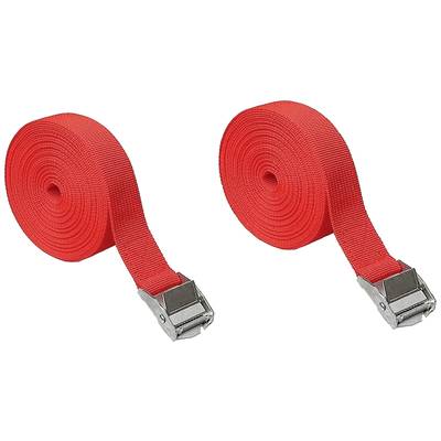 Due cinghie di fissaggio rosse con fibbie metalliche, arrotolate parallelamente tra loro, su sfondo bianco.