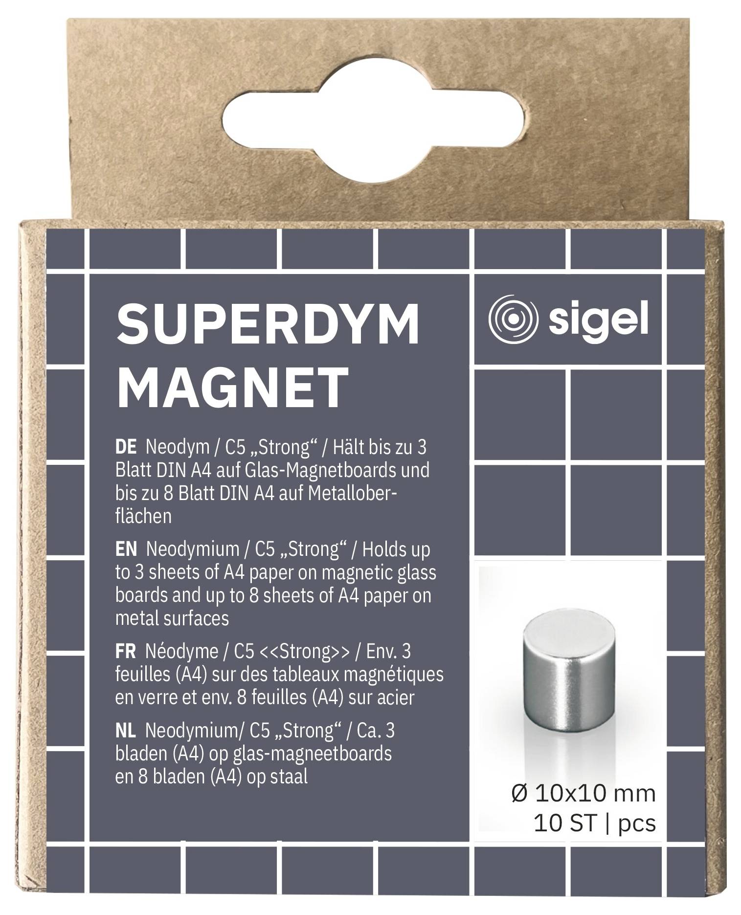 Confezione del prodotto per 'SUPERDYM MAGNET' di sigel, che mostra un magnete cilindrico argento; l'etichetta dice che un magnete può tenere fino a 3 fogli A4 su lavagne magnetiche in vetro e fino a 8 su superfici metalliche.