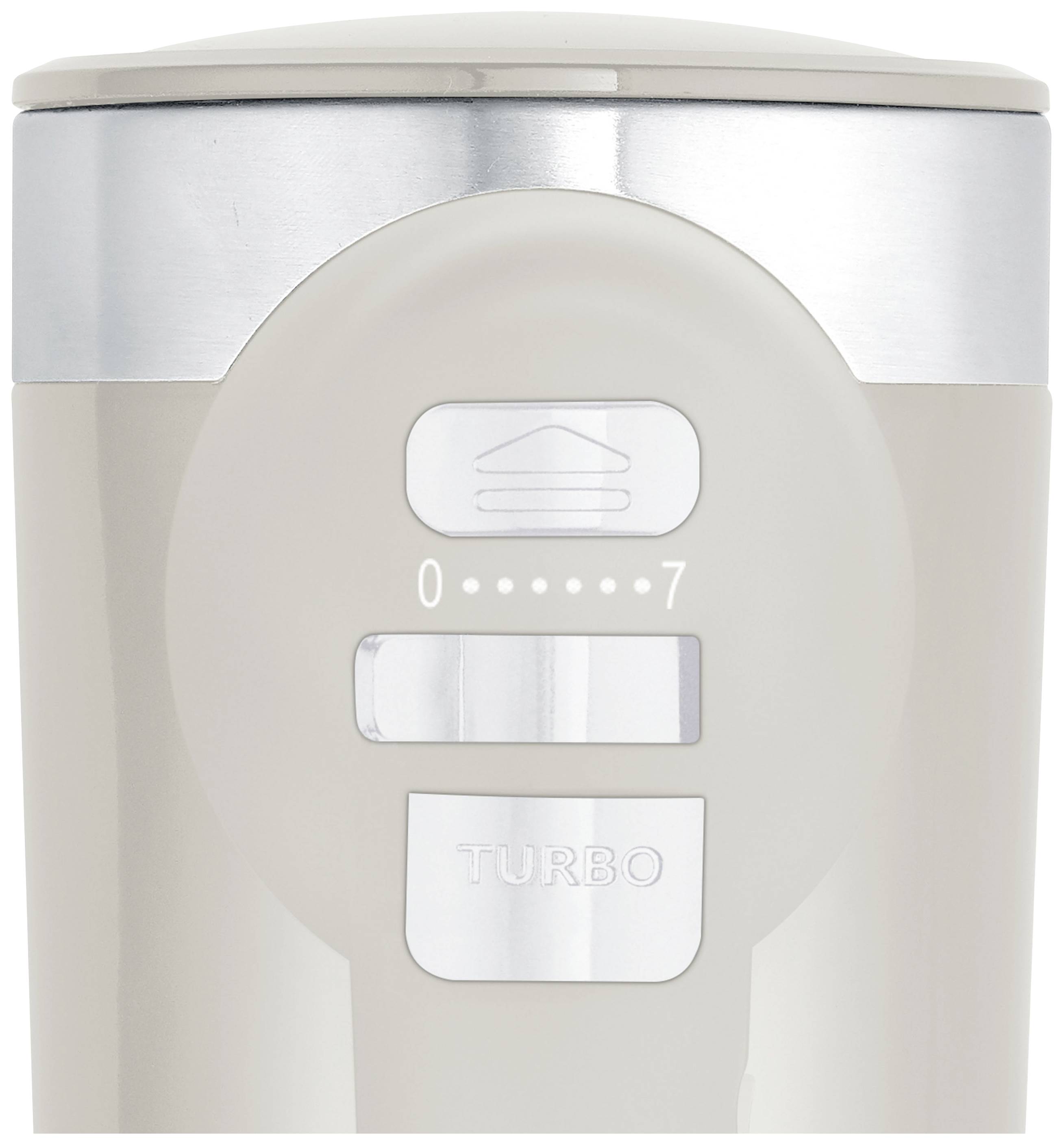 Primo piano di un dispositivo grigio da cucina con coperchio argentato. Sul lato frontale sono visibili cifre da 0 a 7 con un tasto 'TURBO'.